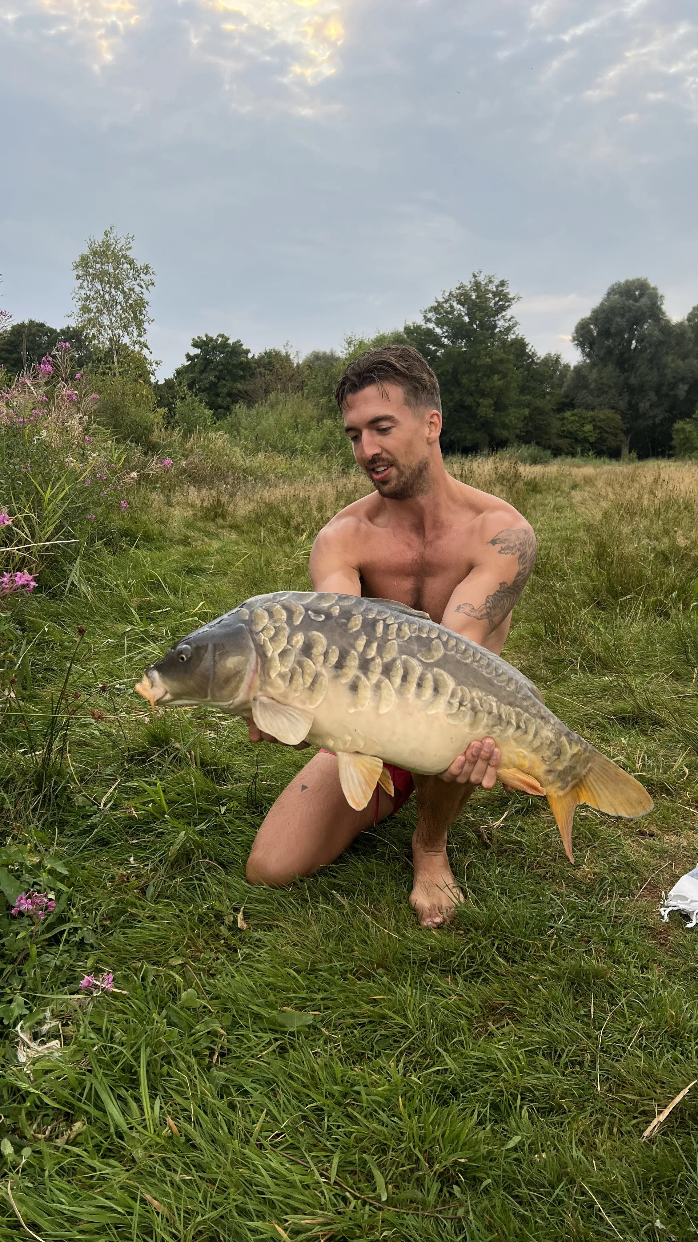 Wytse Punter met een spiegelkarper in gouden avondlicht op een grasoever