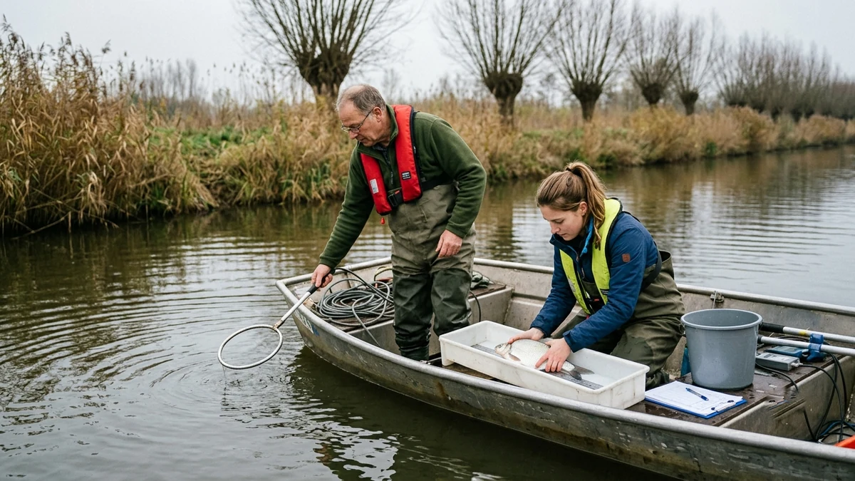 Twee veldecologen in waadpakken en reddingsvesten bemonsteren de visstand vanaf een aluminium bootje: één houdt een elektrovisserij-anode boven het water, de ander meet een zilveren vis in een witte meetbak.