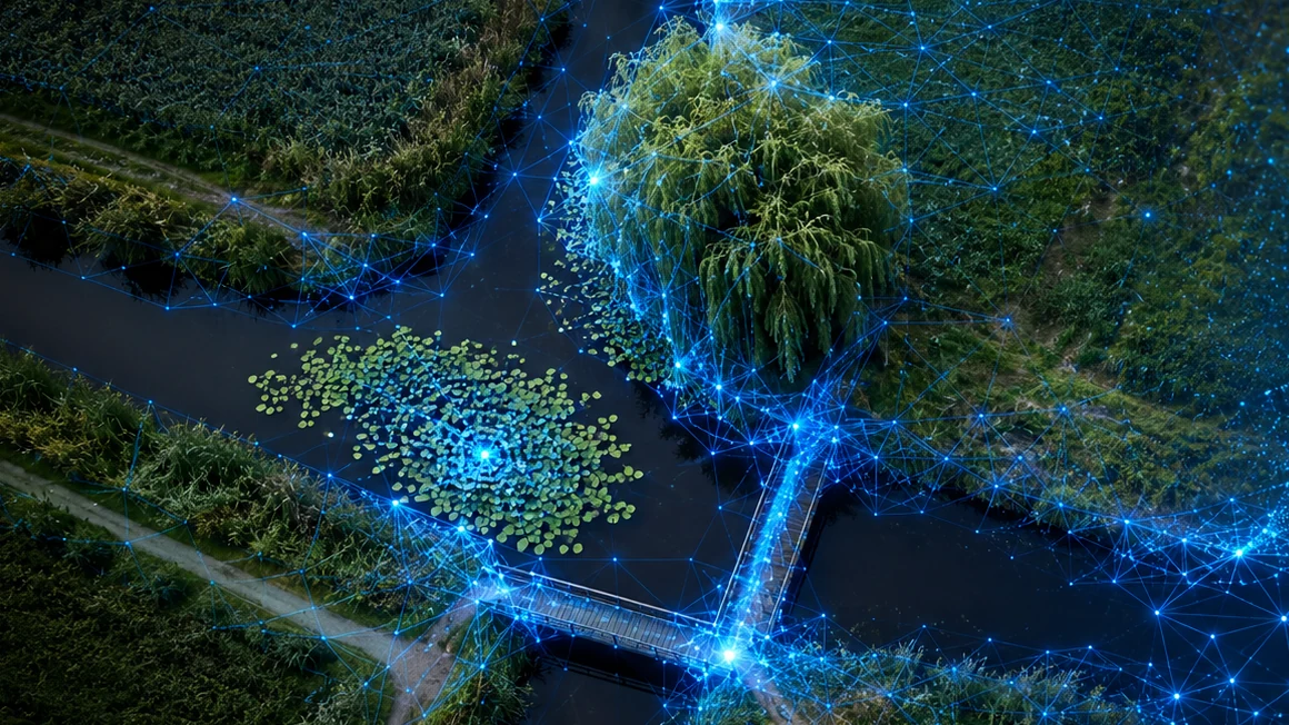 Luchtfoto van een Nederlandse waterloop met een overhangende wilg, waterlelies en een brug, met een gloeiend blauw analysenetwerk eroverheen.