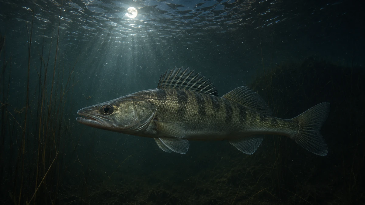 Onderwaterfoto van een snoekbaars in donker Nederlands water, met de volle maan en lichtstralen die door het wateroppervlak naar beneden schijnen.