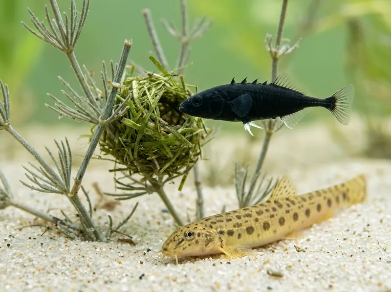 A male nine-spined stickleback at its nest, with a spined loach on the sand