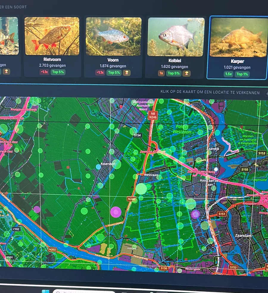 Carp hotspots near Westzaan on the VisScanner map