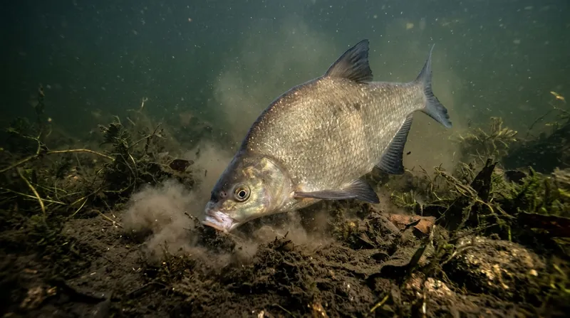 A bream head-down on a muddy bottom among water plants: its mouth is pushed out forward and down into the mud, and silt puffs up