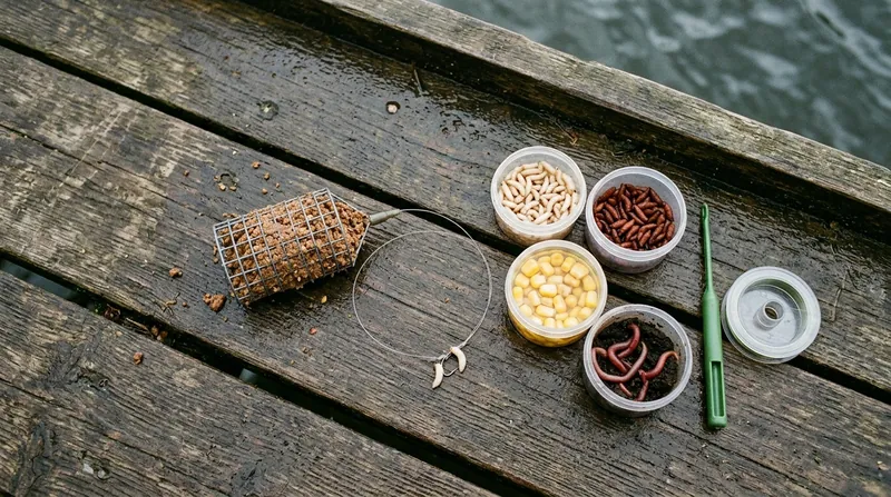 Seen from above: a feeder packed with brown groundbait, a fine hook length with a small hook and two white maggots, tubs of maggots, casters, sweetcorn and worms, and a disgorger, on a wet wooden fishing platform