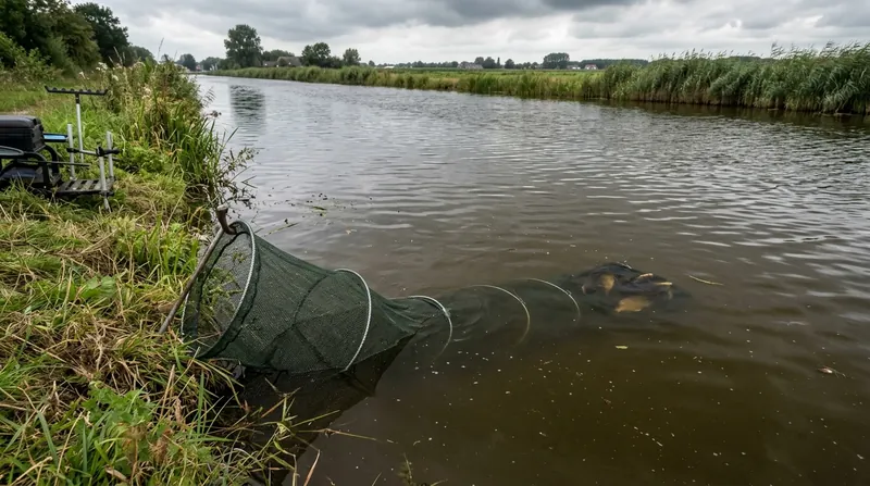 A long, dark green keepnet with hoops runs at an angle from a grassy bank into the brown-green water of a canal. It starts above the water at the bank, the rest lies under it, and at the far end a few bream can just be made out