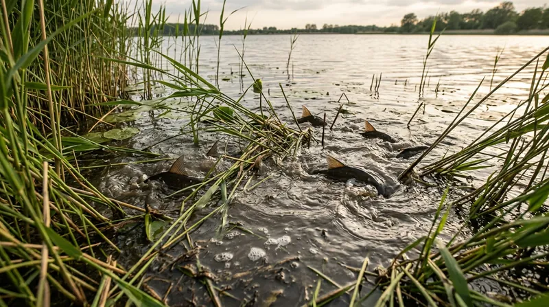 Bream spawning in shallow, murky water among reeds on a late-spring evening: only a few dorsal fins and bits of back break the surface, and the water swirls and splashes