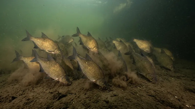 A shoal of bream of about the same size feeding head-down on the bottom of a canal; where they feed, silt rises into the water