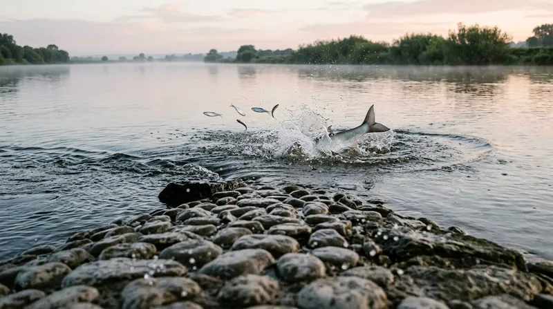 Seen from the stones of a groyne, the water erupts beyond the groyne head: small silver fish leap away, and part of an asp's flank and tail shows in the spray
