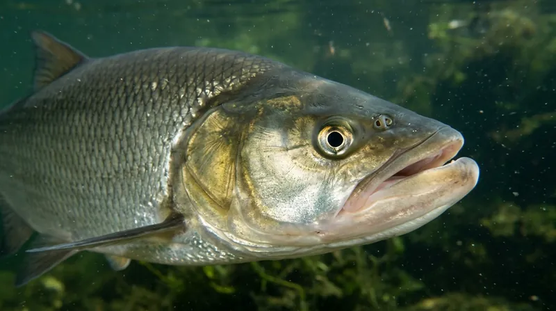 The head of an asp underwater, seen from the side: the wide mouth slants upwards and reaches back to below the eye, and the thickened tip of the lower jaw sits in a notch in the upper jaw