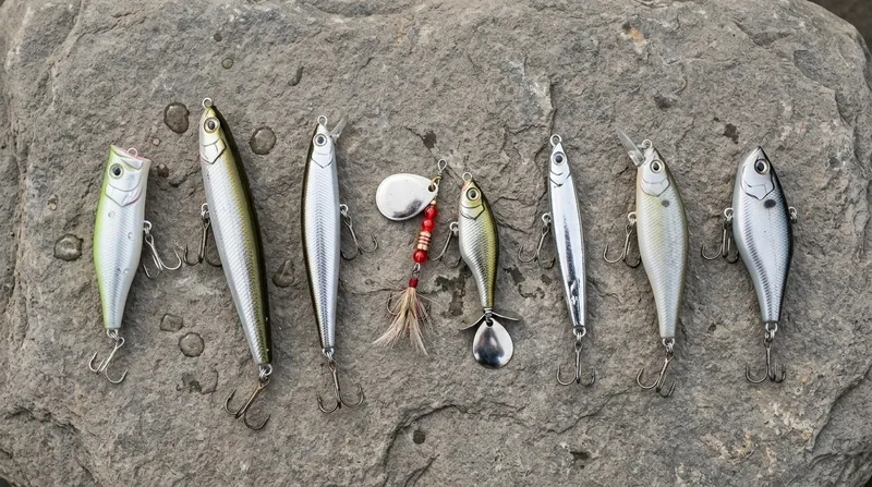 Eight small lures on a flat grey stone: a popper, a surface plug, a sinking stickbait, a spinner, a tail-spinner, a small casting jig, a shallow-running plug and a rattle plug, all in silvery baitfish colours