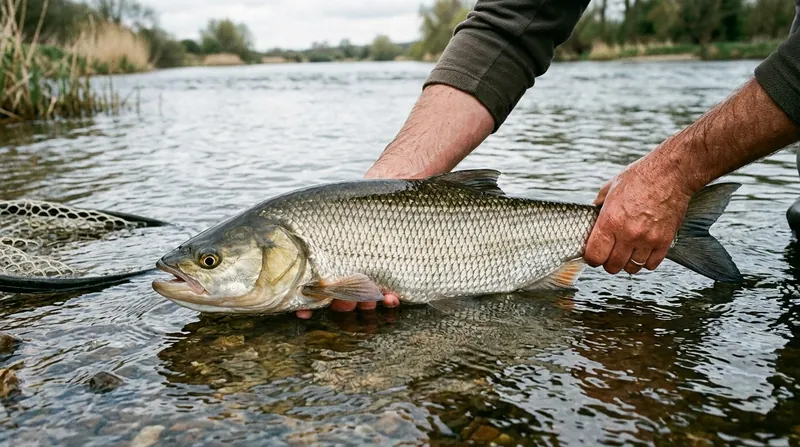 Two hands hold an asp half under water: one hand round the tail root, the other flat under the belly; a landing net with rubber mesh lies in the shallow water