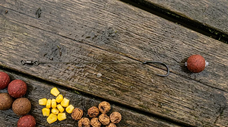 A hair rig on a wet wooden jetty: hooklink, hook and boilie in one straight line, the boilie on its own short line just past the hook, with sweetcorn and tiger nuts beside it