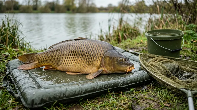 A large carp lying on a wet unhooking mat on the bank, with a landing net and a bucket of water beside it