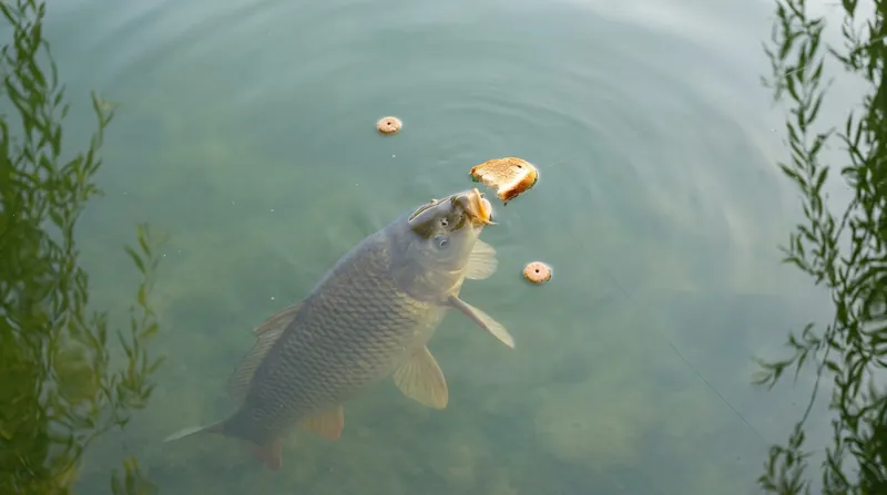 Seen from above: a carp swims up to a floating piece of bread crust just under the surface, its mouth right below it, with two dog biscuits floating further off