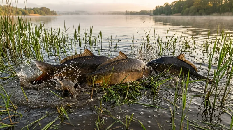 Carp spawning at the shallow edge of a lake among flooded grass and reeds: their backs and dorsal fins break the surface and water splashes up