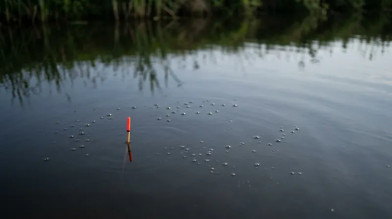 Only the red-orange tip of a float sticks out of the dark water; small bubbles rise all around it, with reeds in the background