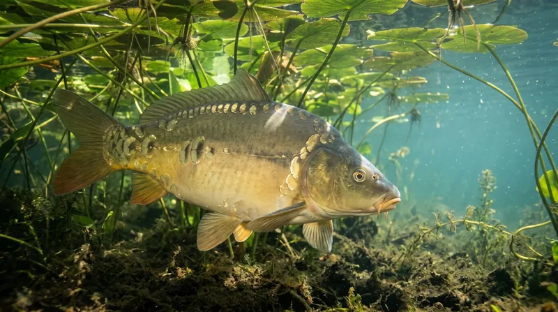 A mirror carp under water lilies: smooth skin with a row of large, irregular scales along the dorsal fin