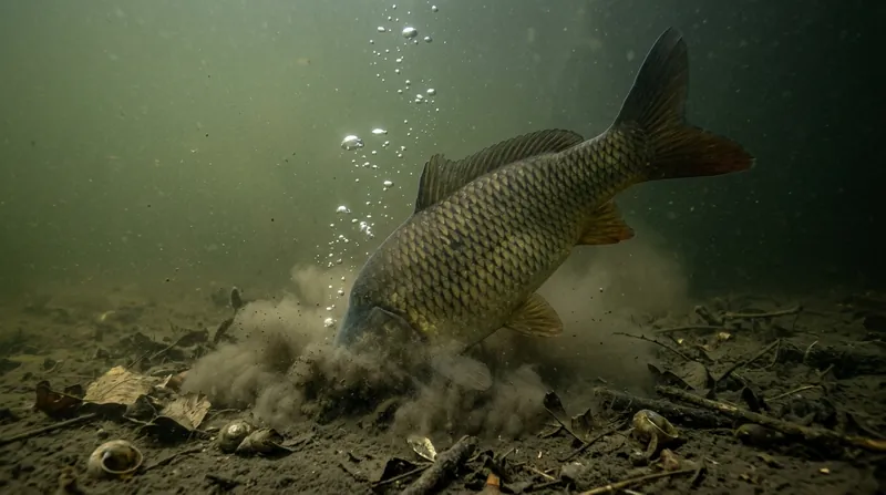 A carp rooting head-down in the soft bottom, raising a cloud of silt and a stream of bubbles