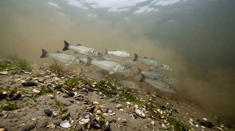 A shoal of young sea bass over a muddy bottom scattered with shells, in the murky water of an estuary