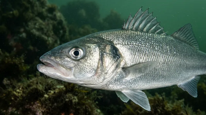 Close-up of a sea bass head: two separate dorsal fins, the front one spiny, and a silver gill cover ending in a sharp point