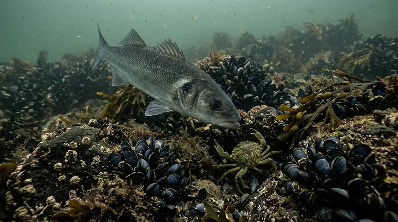 A sea bass noses down towards a green shore crab among mussel-covered stones