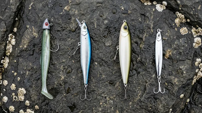 Four sea bass lures on wet basalt stones: a soft sand eel lure, a slim minnow, a surface lure and a metal casting jig