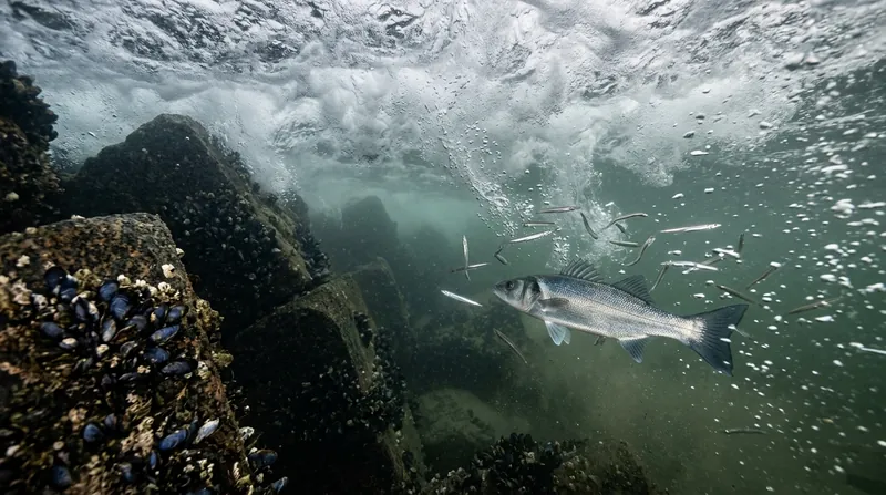 Underwater at the foot of a groyne: a sea bass surges out of the shadow of the stones towards a shoal of sand eels under the foam of a breaking wave