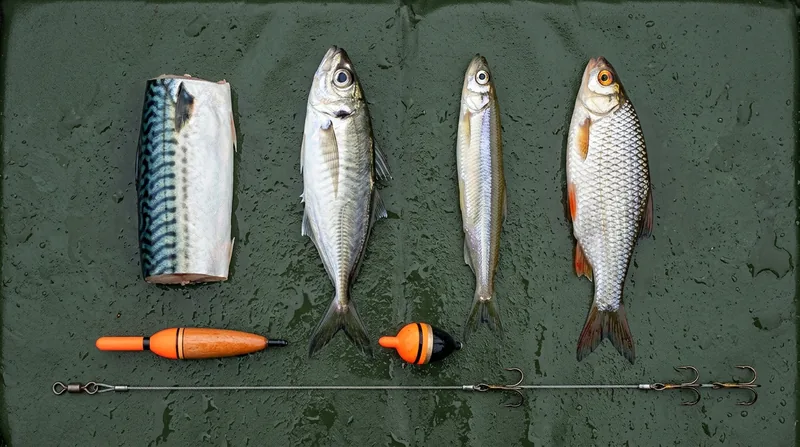 Dead baits for pike: half a mackerel, a horse mackerel, a smelt and a roach, two pike floats, a running lead, a piece of balsa wood and a wire trace with two treble hooks