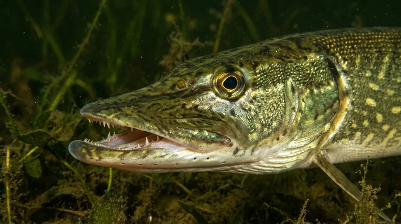 Close-up of a pike's head: broad flat snout, backward-pointing teeth and a large round eye with a golden-yellow iris