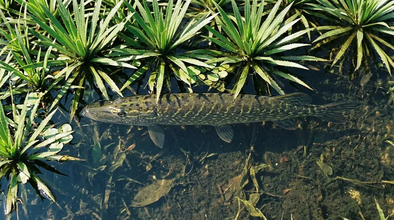 A pike lying still at the edge of a bed of water soldier, half hidden between the leaves