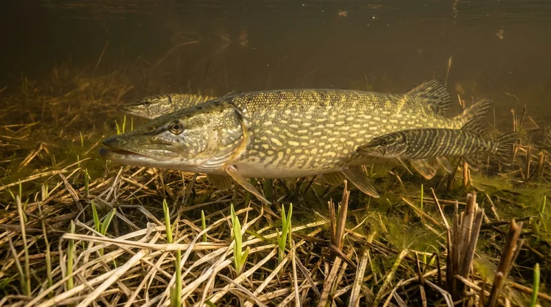 Spawning pike: a large female with two much smaller males in shallow water over flooded grass