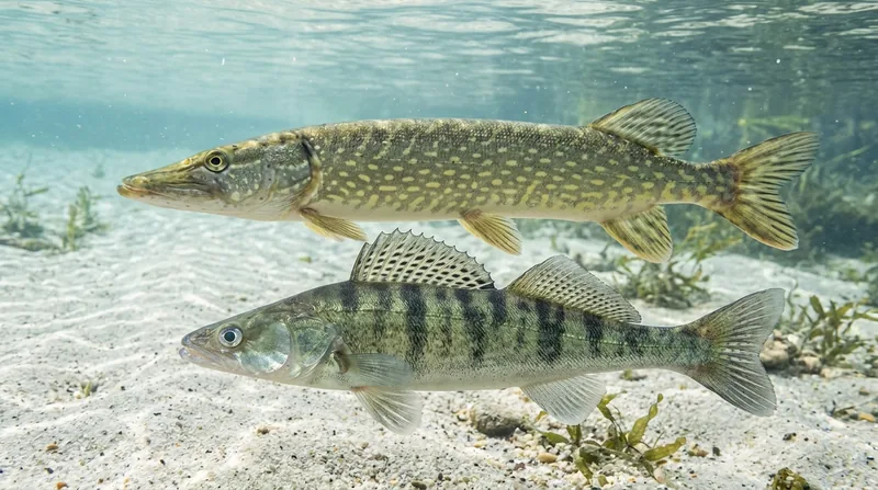 Pike and zander side by side: pale spots and one dorsal fin against dark bars and two dorsal fins