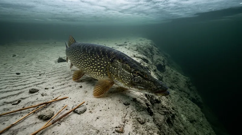 Large pike in cold, clear winter water where a shallow shelf drops into deeper water