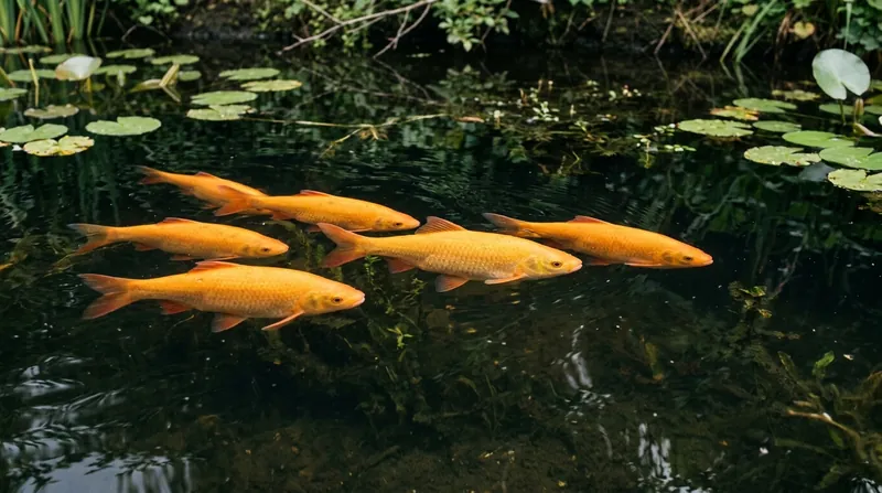 A few orange-yellow golden orfe swim just below the surface of a pond, past the floating leaves of a water lily