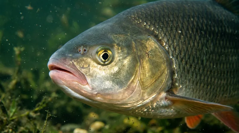 The head of an ide under water, side view: a blunt snout with a mouth at the front that points slightly upwards, a small yellow eye, small scales and a red pectoral fin
