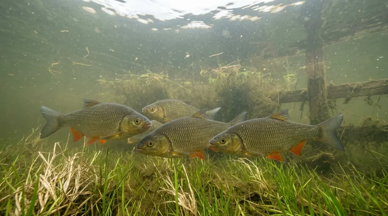 A few ide swim in spring through murky, shallow water over flooded grass in a river floodplain; the blades of grass stand upright under water