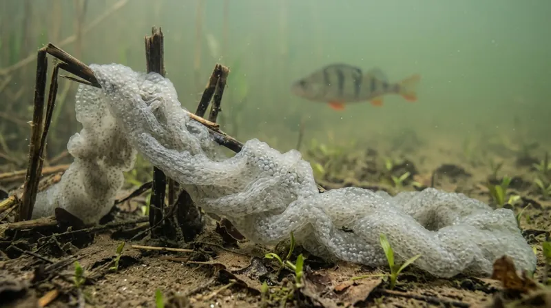 A perch's egg strand: a thick, translucent, grey-white rope of tightly packed eggs, folded like an accordion, caught on old reed stems and sagging onto the bottom