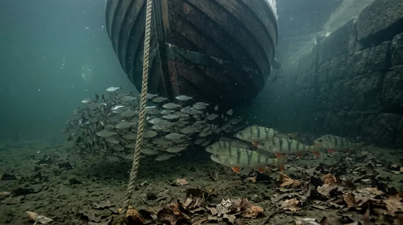 A few perch at the edge of a shoal of roach, in the shade under a moored boat in a marina, in cold, clear winter water