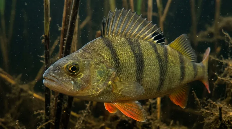 A big perch side-on among old reed stems: the tall, spiny first dorsal fin with a black spot at the back, dark bars and red pelvic and anal fins