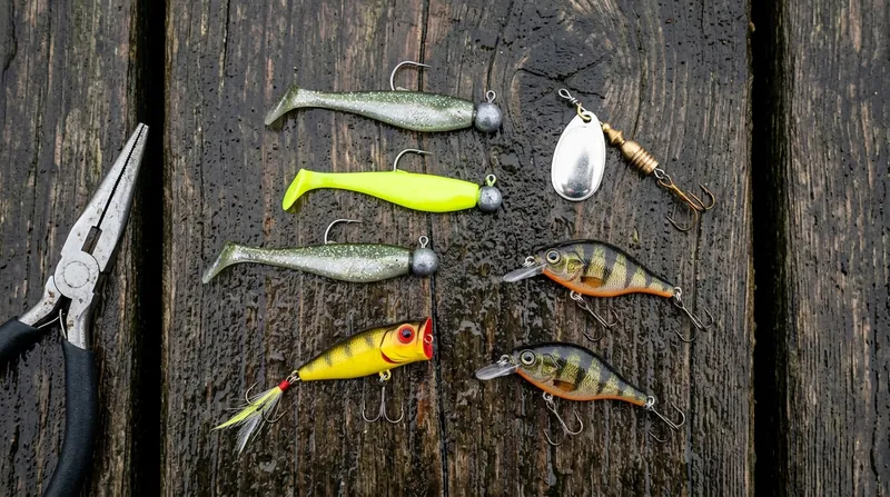 Small perch lures on a wet wooden jetty: small soft shads on light jig heads, a spinner, two small crankbaits and a popper