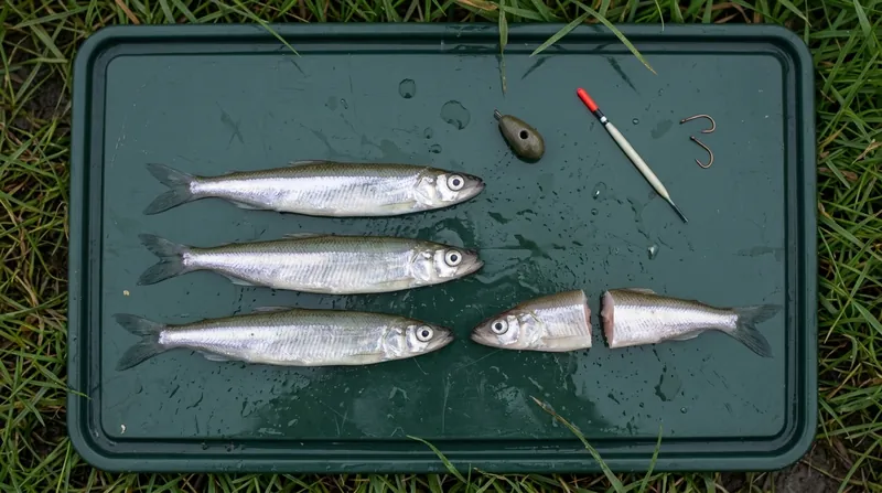 Fresh smelt as dead bait on a wet bait board: three whole smelt, one cut in half, a running lead, a light float and two small hooks
