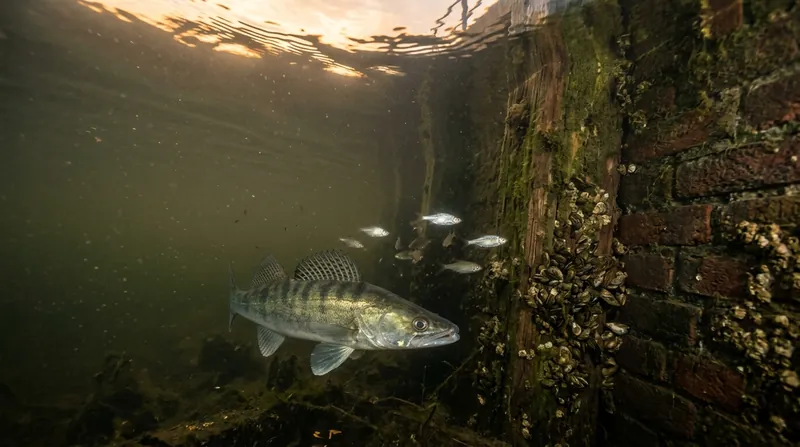 A zander hunting at dusk along an old quay wall in murky, green-brown water