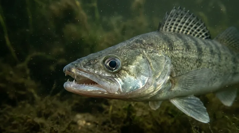 Close-up of a zander's head: a pointed snout, long fangs at the front of the mouth and a large, glassy eye