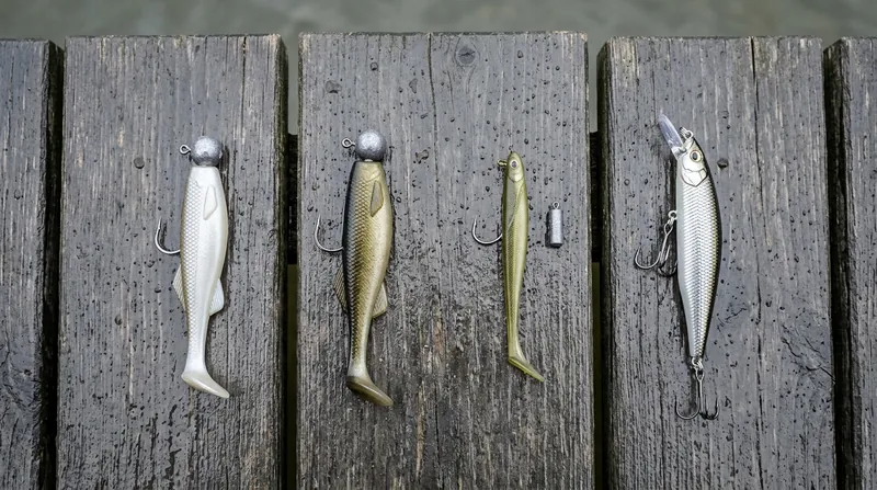 Zander lures on wet stones: soft shads on jig heads, a small drop-shot lure and a deep-diving plug