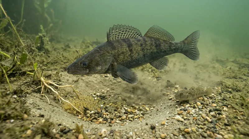 A male zander above his nest: a shallow hollow in the sandy bottom with eggs, in shallow water in spring