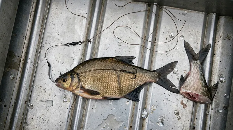 Seen from above: a dead bream on the wet floor of a small boat, with a large single hook through the mouth and a treble hook in the flank, joined by a short piece of line. Beside it lies the tail half of a bream cut in two