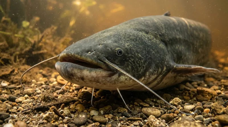Close-up of a wels catfish head: broad and flat, with small eyes, two long barbels on the upper jaw and four short ones under the chin