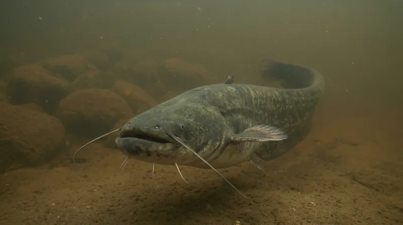 A large wels catfish hovers by day just above the sandy bed of a river, in calm, murky water behind the stones of a groyne