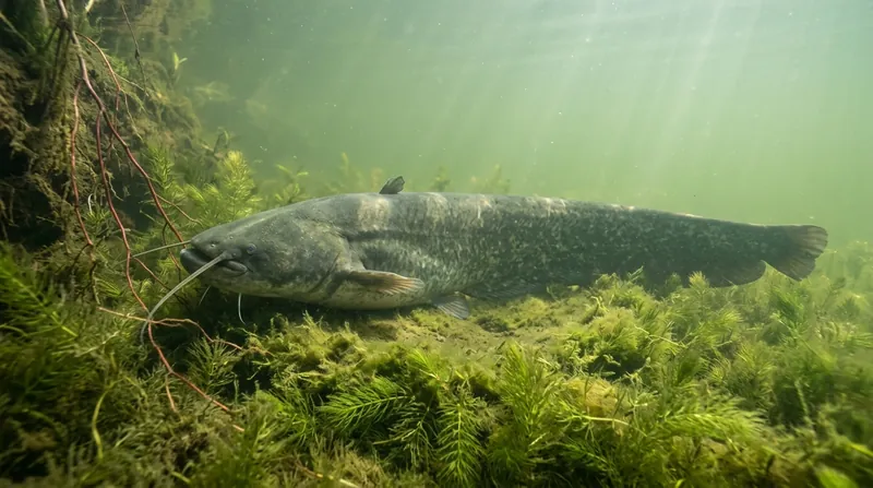 A wels catfish lies still in shallow water over a patch where soft, mossy water plants and willow roots have been pressed flat