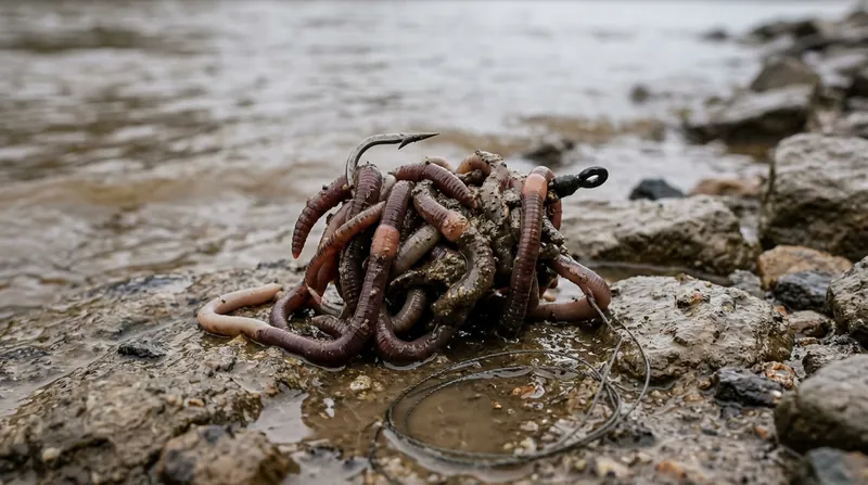 An untidy bunch of lobworms on a large, strong single hook, on wet, muddy stones at the water's edge
